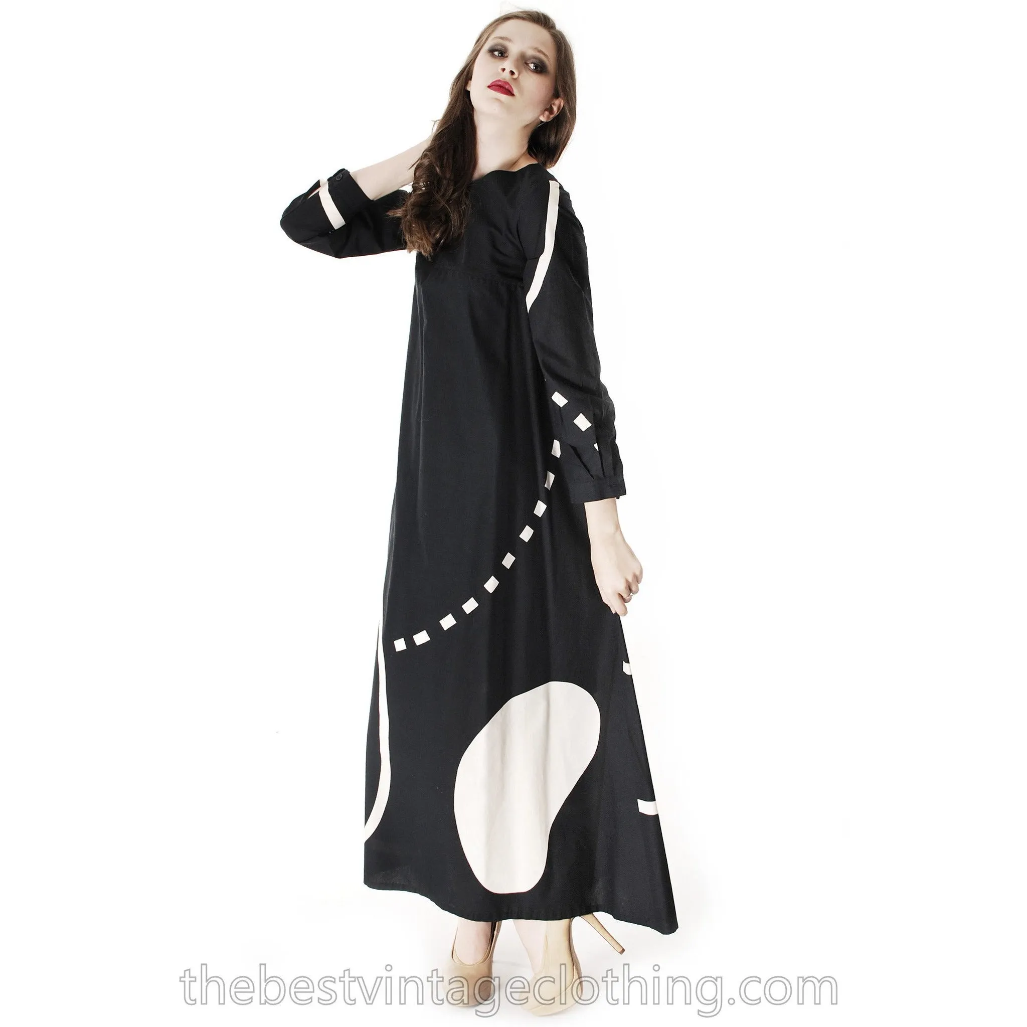Vintage Marimekko| Pentti Rinta | Maxi Dress Bold Print 1976  Black & White Cotton Sz 34/6