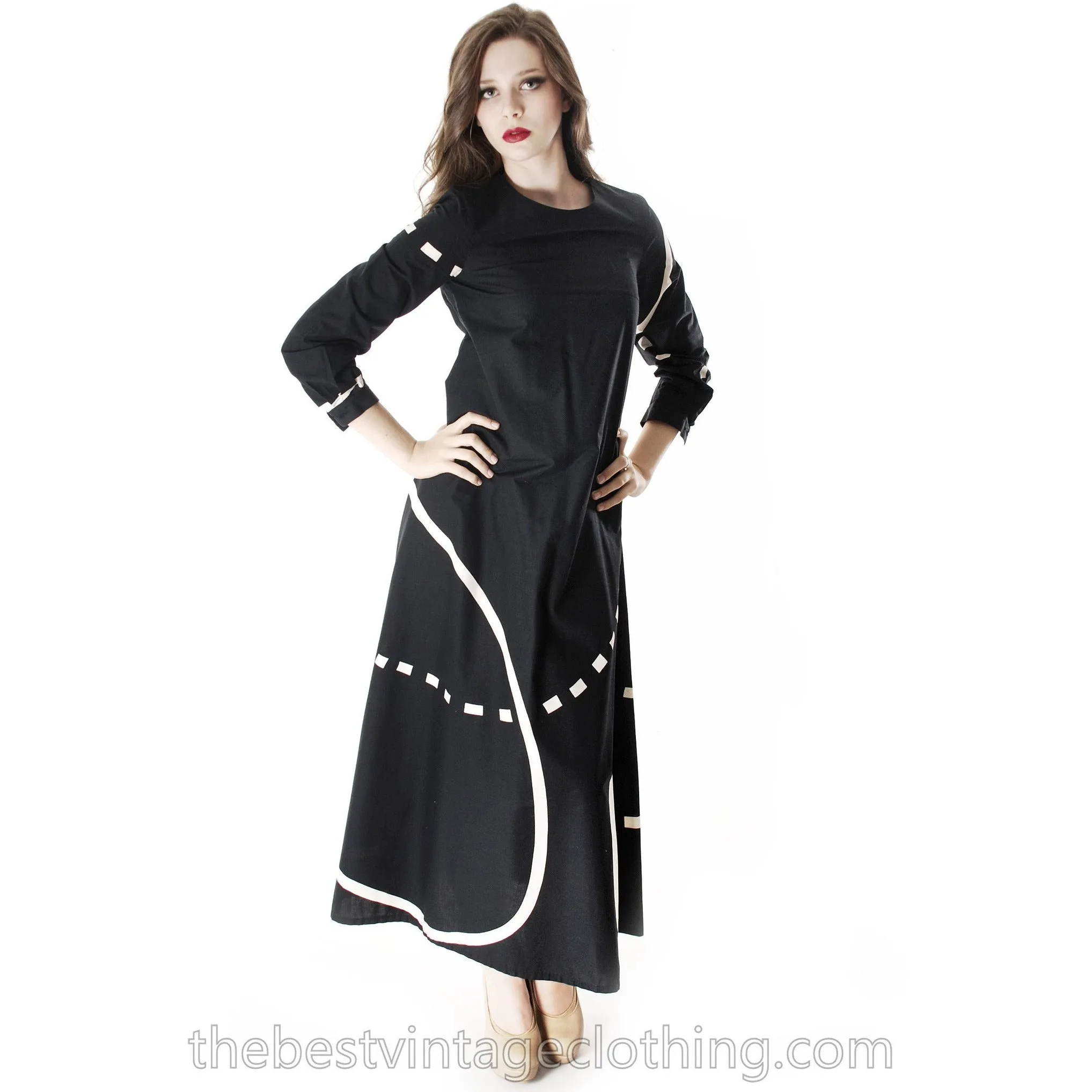 Vintage Marimekko| Pentti Rinta | Maxi Dress Bold Print 1976  Black & White Cotton Sz 34/6