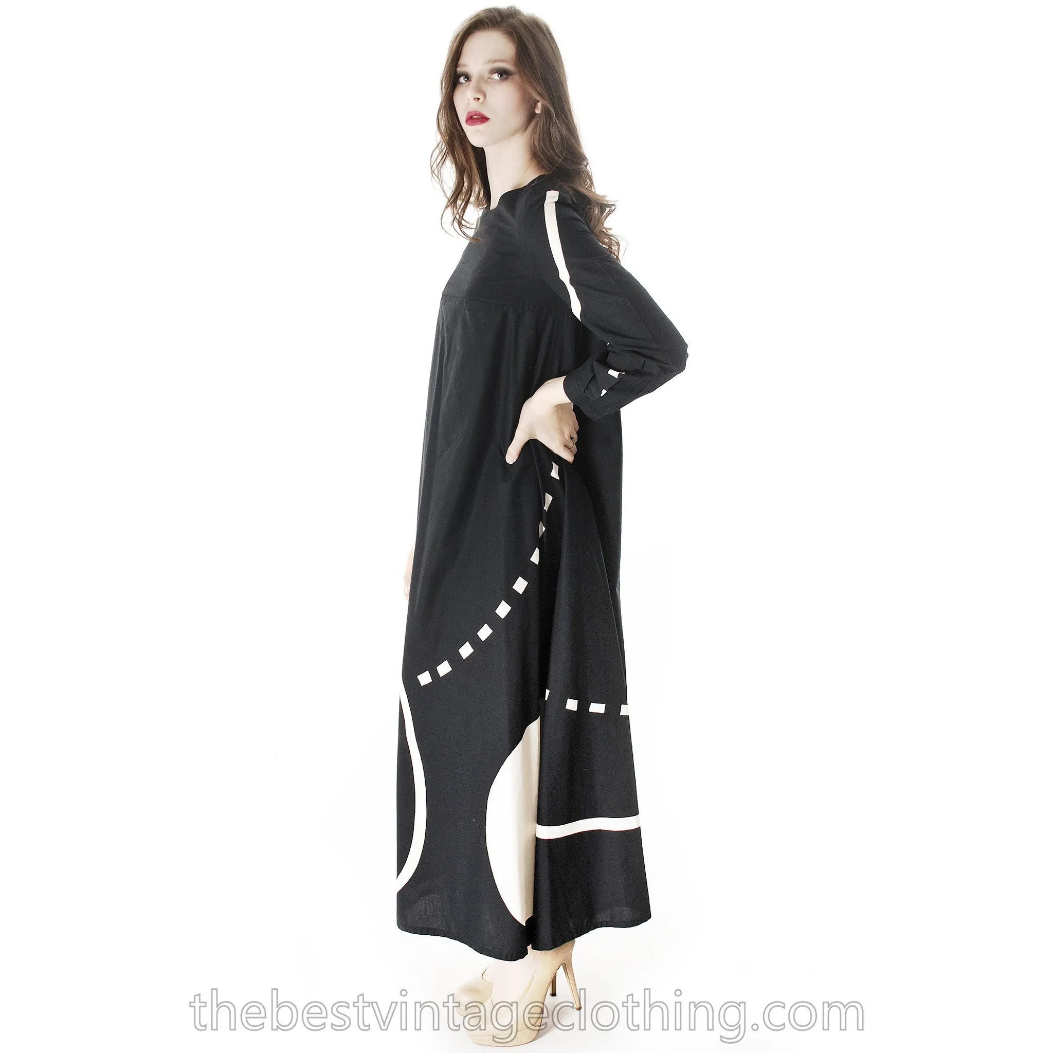 Vintage Marimekko| Pentti Rinta | Maxi Dress Bold Print 1976  Black & White Cotton Sz 34/6