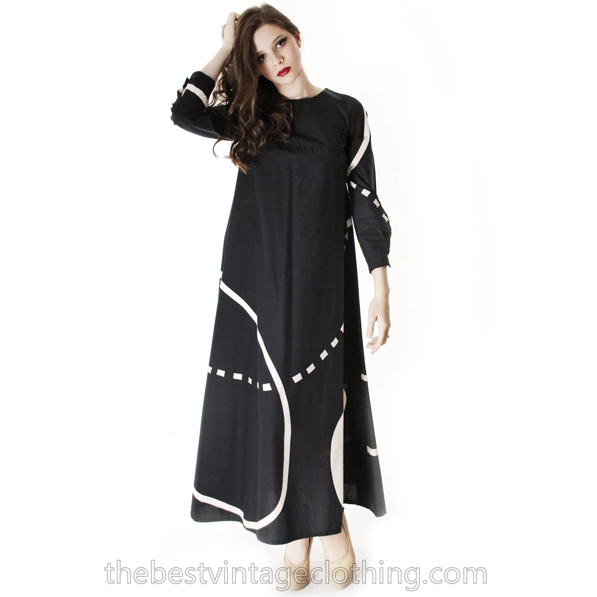Vintage Marimekko| Pentti Rinta | Maxi Dress Bold Print 1976  Black & White Cotton Sz 34/6