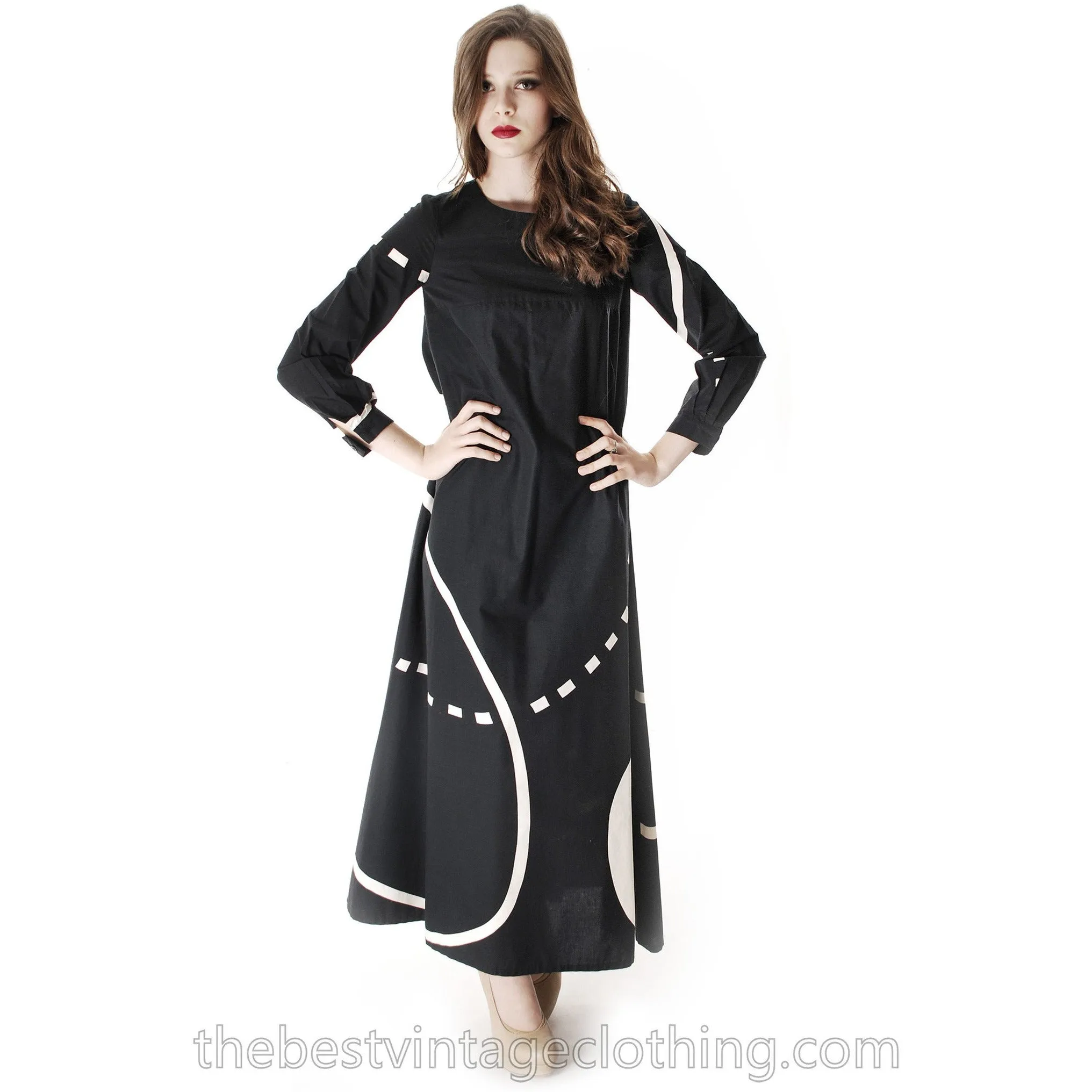 Vintage Marimekko| Pentti Rinta | Maxi Dress Bold Print 1976  Black & White Cotton Sz 34/6