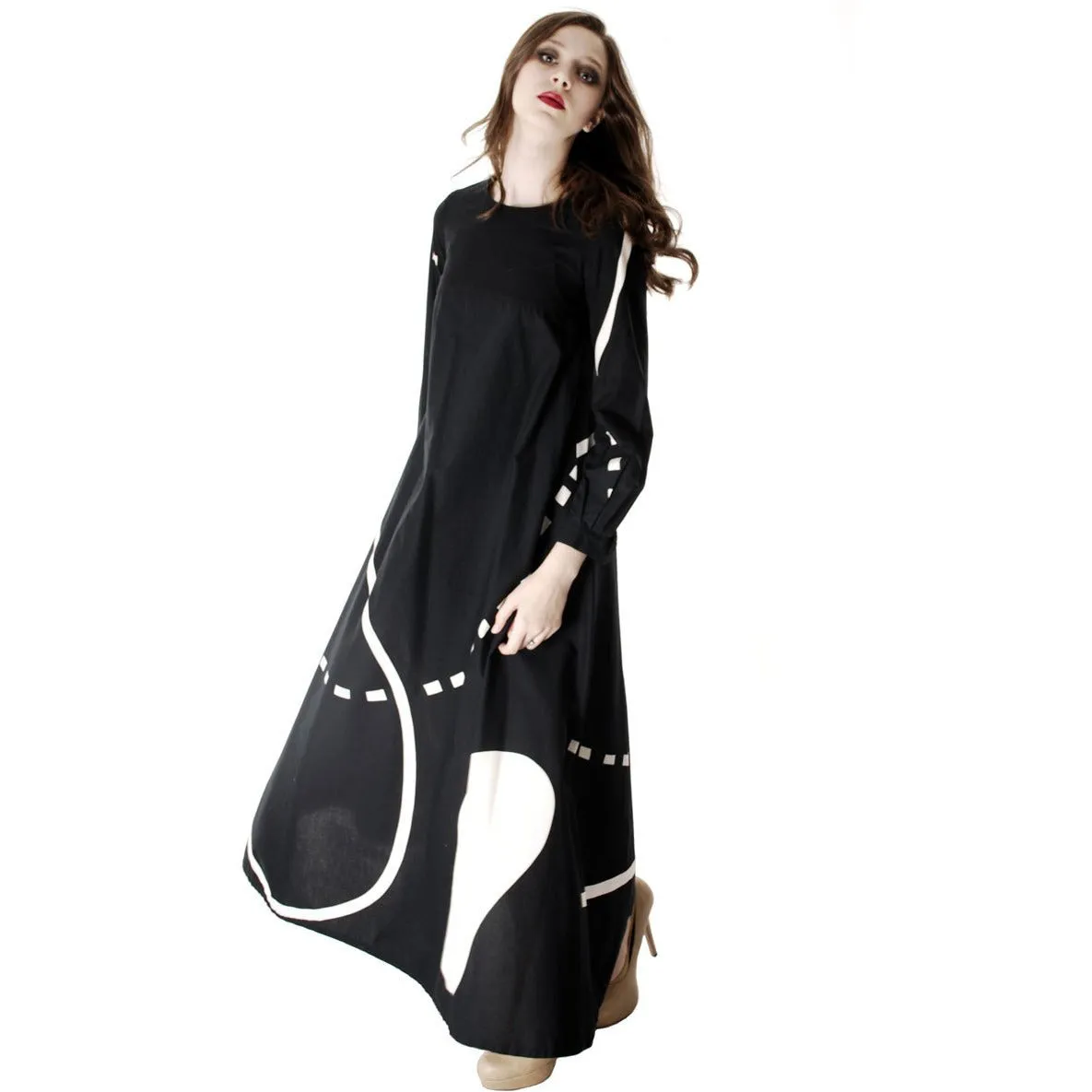 Vintage Marimekko| Pentti Rinta | Maxi Dress Bold Print 1976  Black & White Cotton Sz 34/6