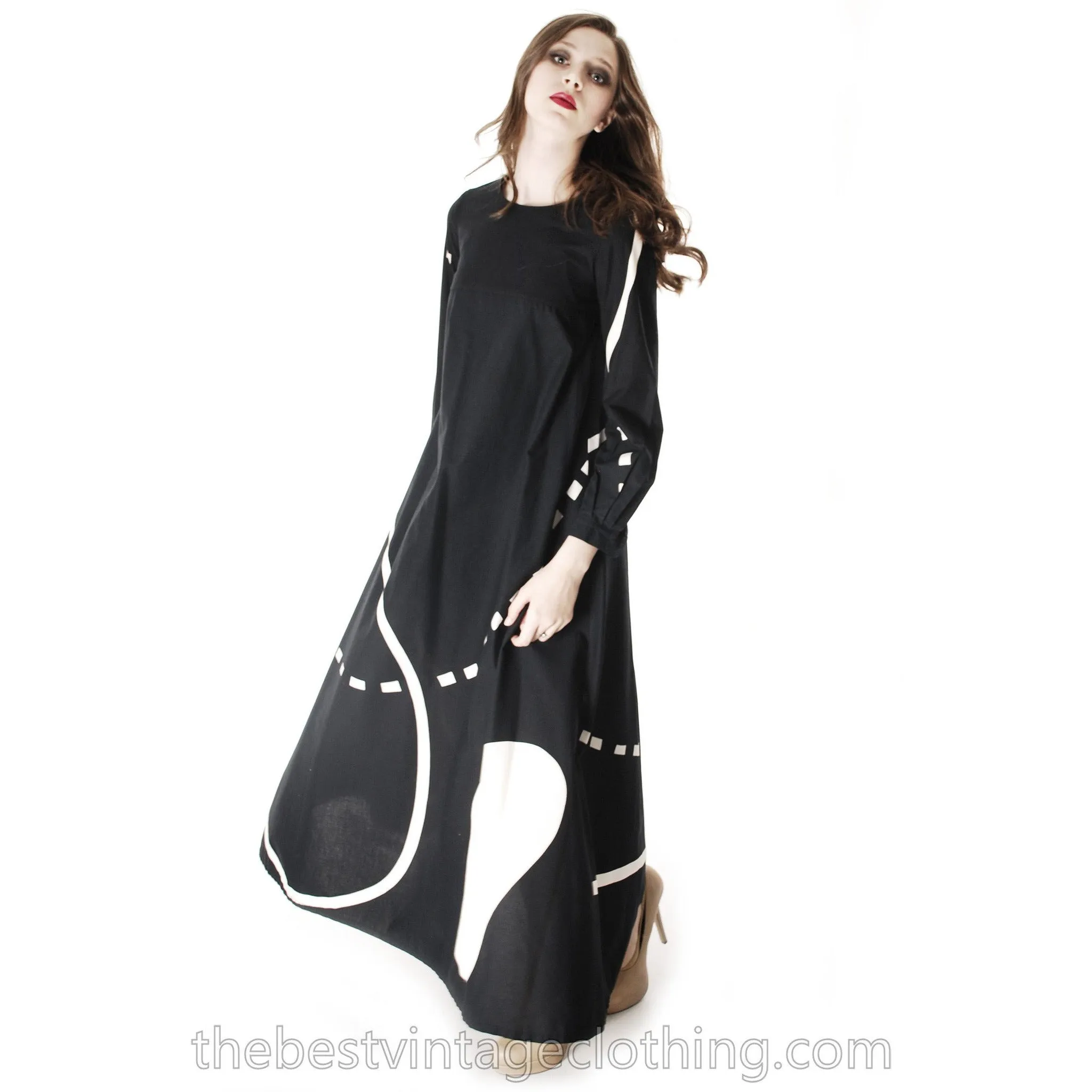 Vintage Marimekko| Pentti Rinta | Maxi Dress Bold Print 1976  Black & White Cotton Sz 34/6