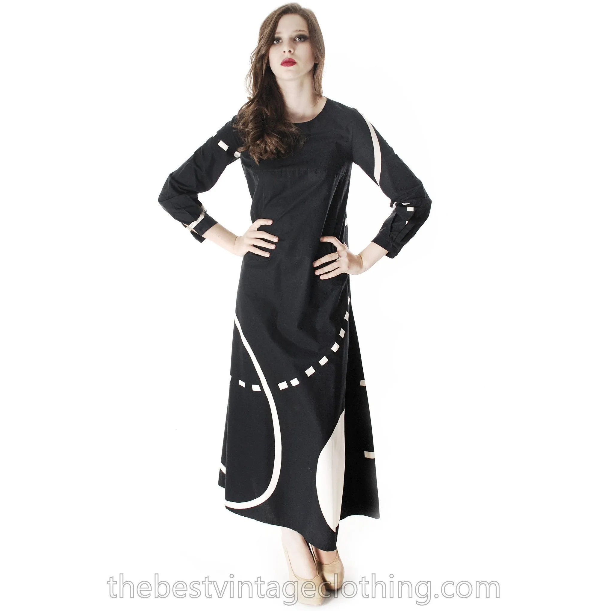 Vintage Marimekko| Pentti Rinta | Maxi Dress Bold Print 1976  Black & White Cotton Sz 34/6