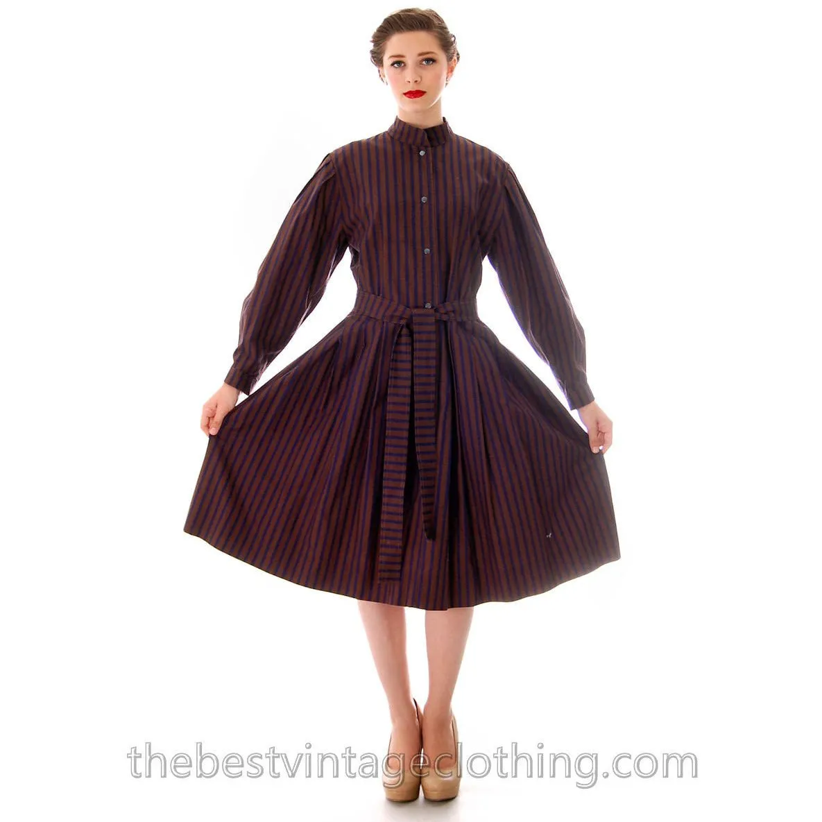 Vintage Vuokko Suomi Cotton Shirt  Dress 1970s Blue Brown Stripes S-M
