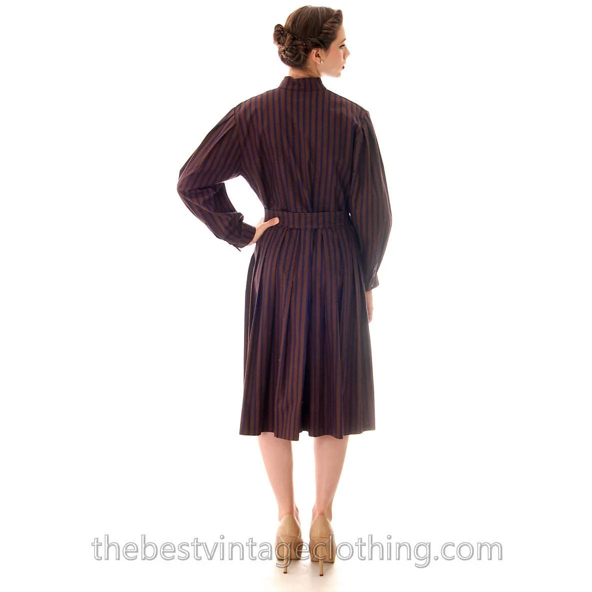Vintage Vuokko Suomi Cotton Shirt  Dress 1970s Blue Brown Stripes S-M