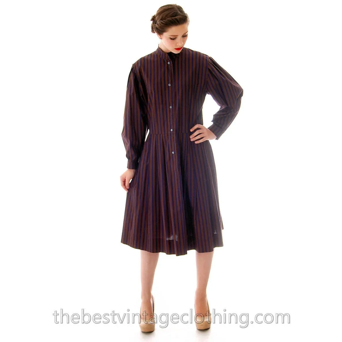 Vintage Vuokko Suomi Cotton Shirt  Dress 1970s Blue Brown Stripes S-M