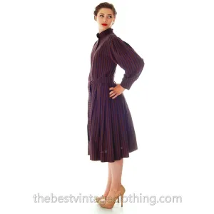 Vintage Vuokko Suomi Cotton Shirt  Dress 1970s Blue Brown Stripes S-M