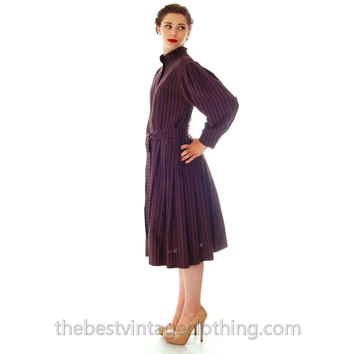 Vintage Vuokko Suomi Cotton Shirt  Dress 1970s Blue Brown Stripes S-M
