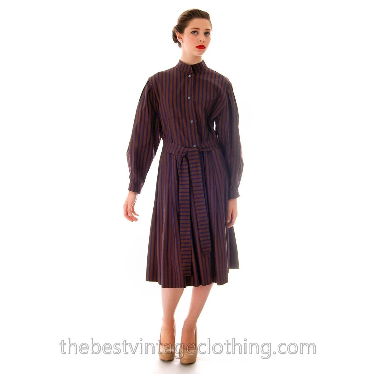 Vintage Vuokko Suomi Cotton Shirt  Dress 1970s Blue Brown Stripes S-M