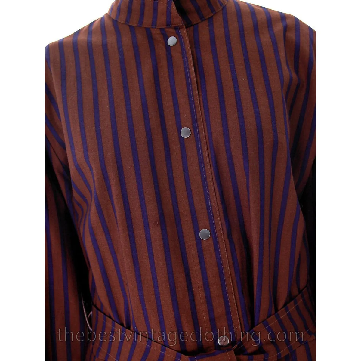 Vintage Vuokko Suomi Cotton Shirt  Dress 1970s Blue Brown Stripes S-M