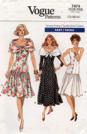 Vogue 7474 Womens Drop Waist Dress with Optional Tie Wide Collar 1980s Vintage Sewing Pattern Size 12 - 16 UNCUT Factory Folded