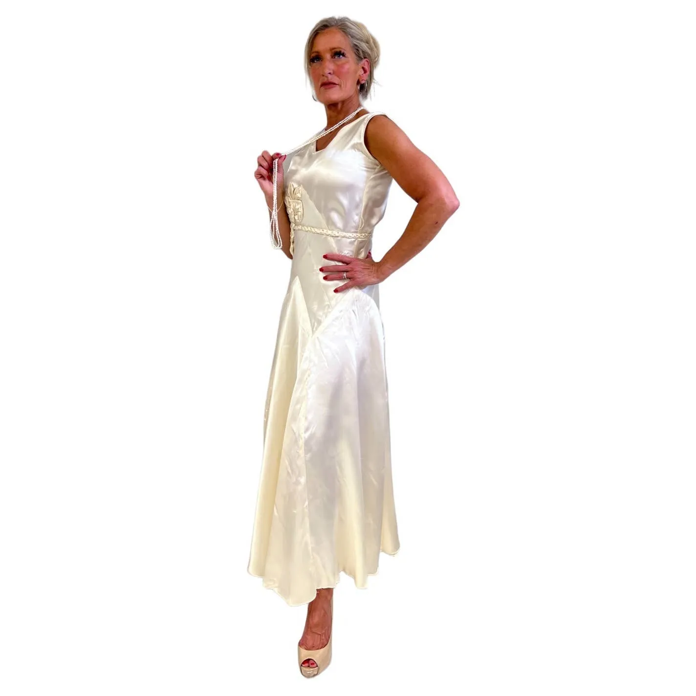 VTg 1930s Bias-Cut Wedding Gown Ivory Satin Small