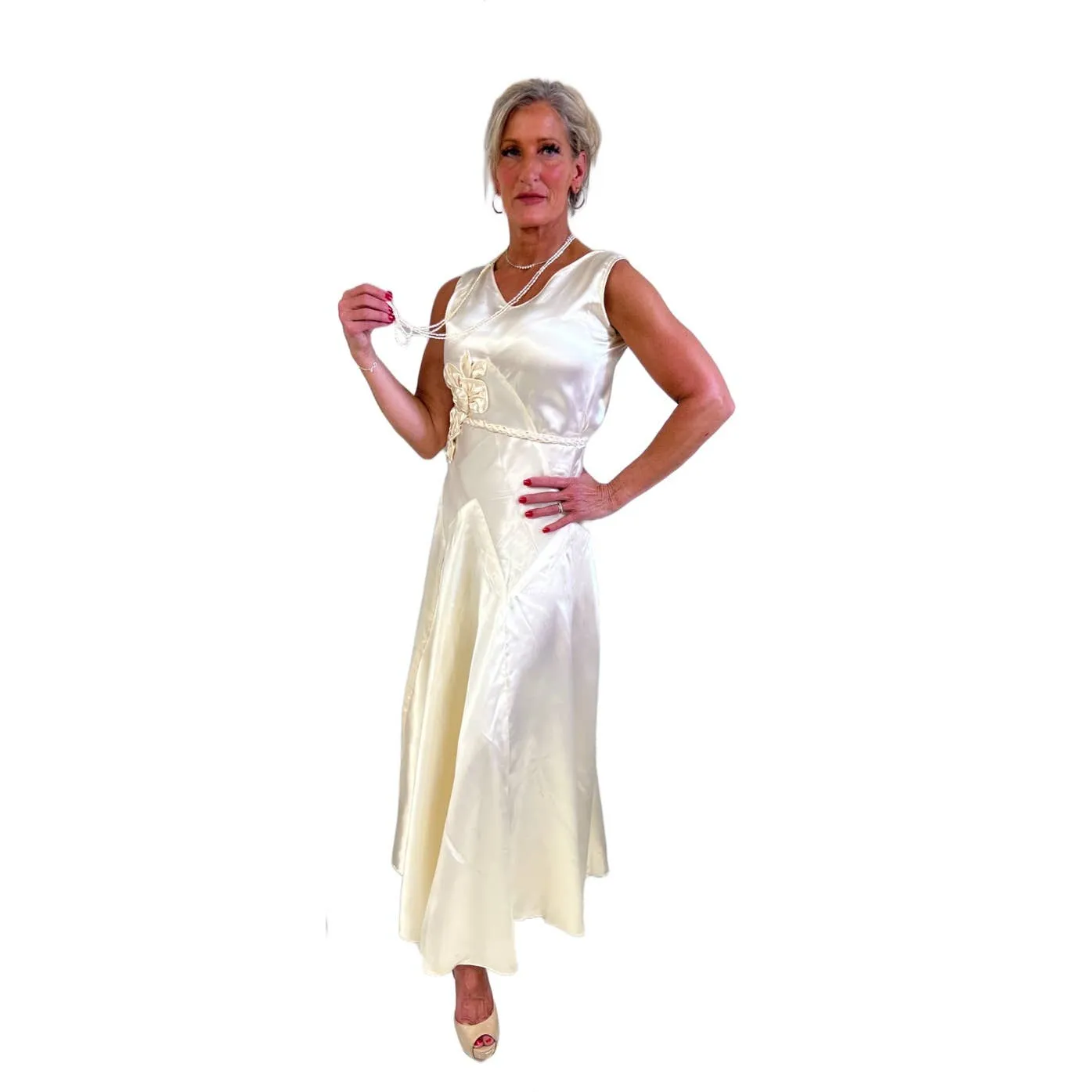 VTg 1930s Bias-Cut Wedding Gown Ivory Satin Small