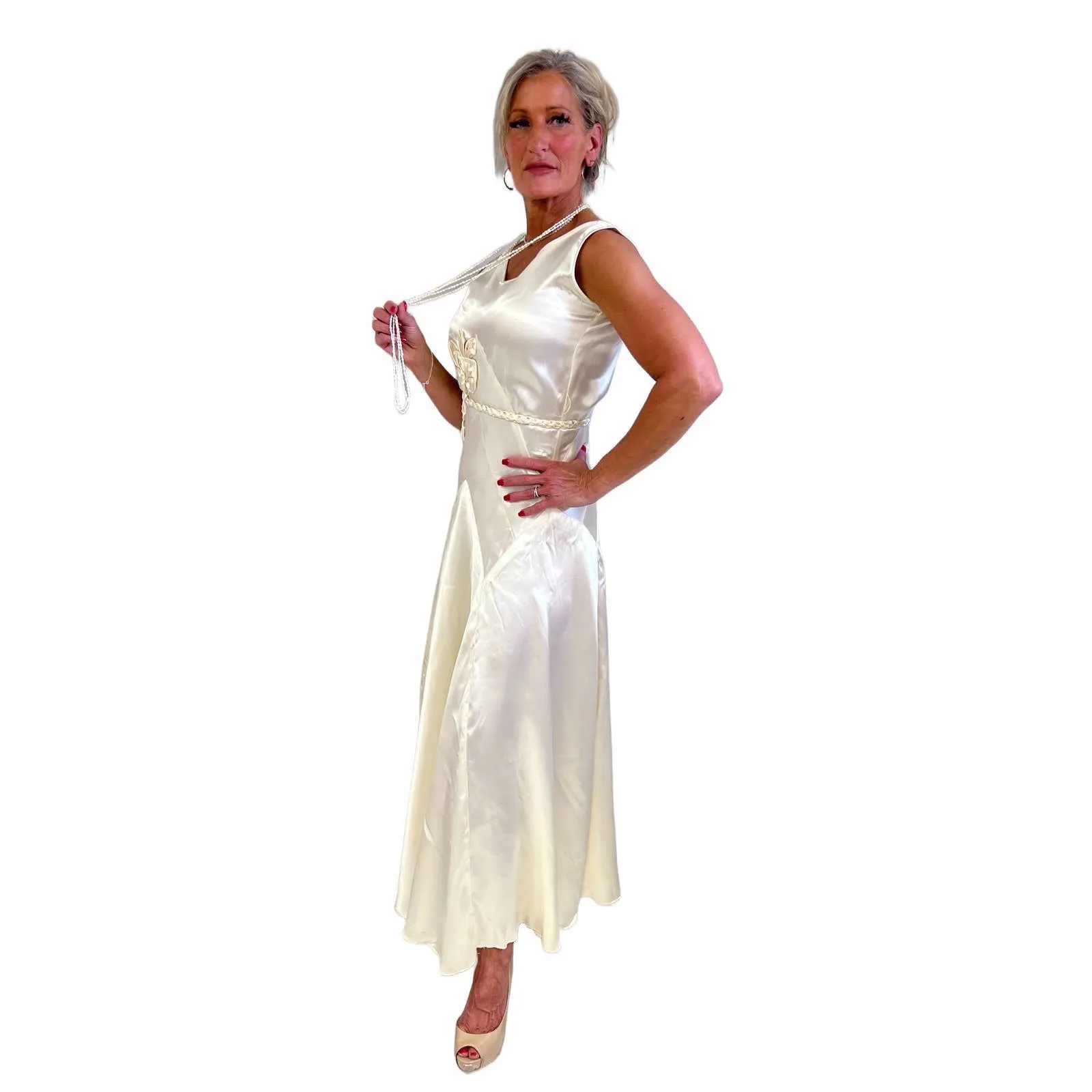 VTg 1930s Bias-Cut Wedding Gown Ivory Satin Small
