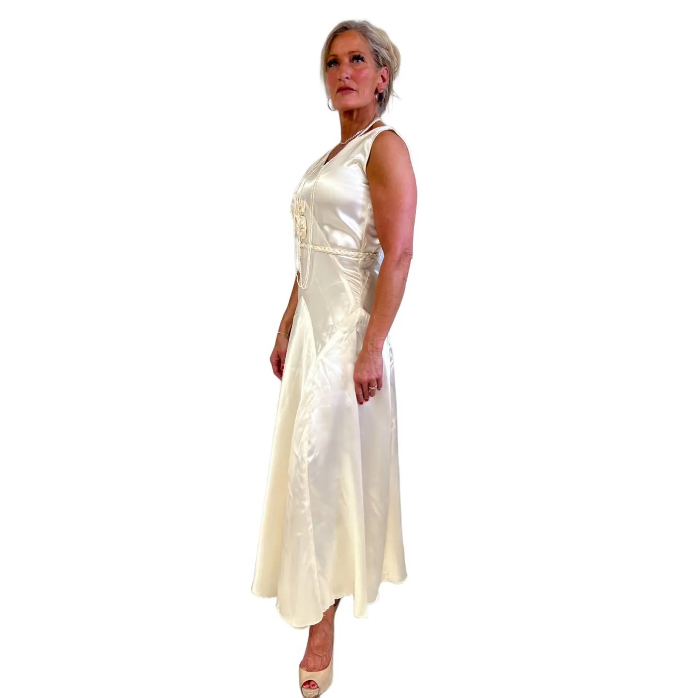 VTg 1930s Bias-Cut Wedding Gown Ivory Satin Small