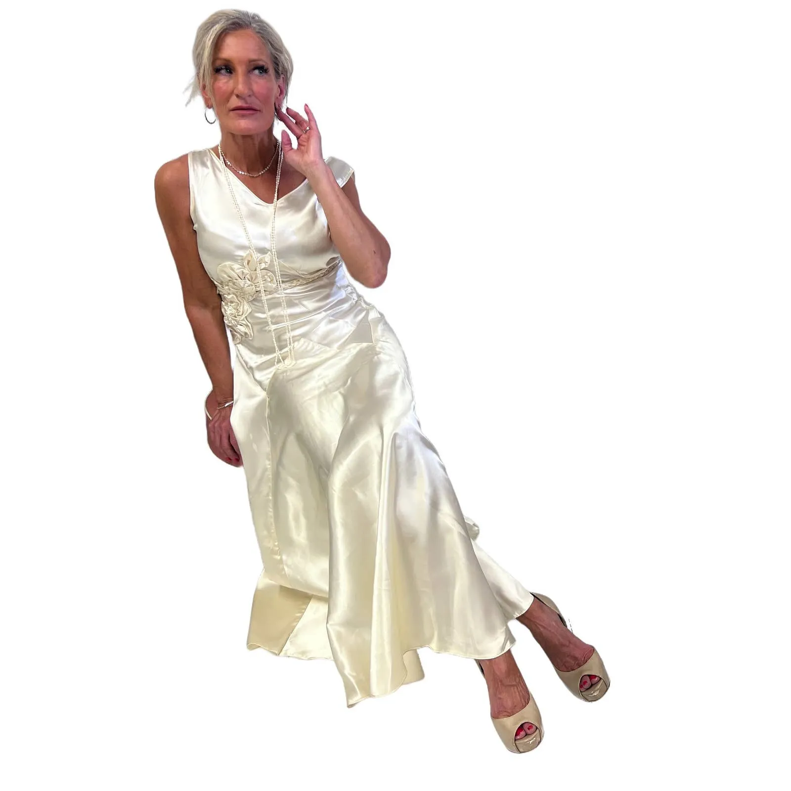 VTg 1930s Bias-Cut Wedding Gown Ivory Satin Small