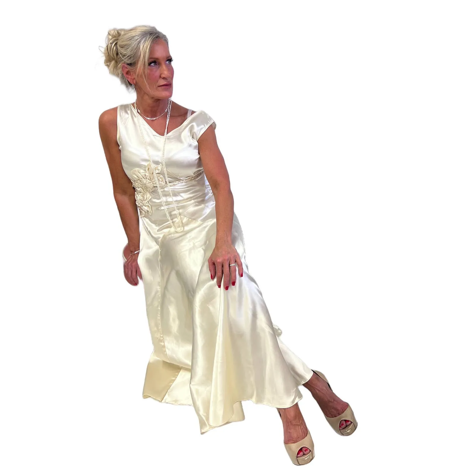 VTg 1930s Bias-Cut Wedding Gown Ivory Satin Small