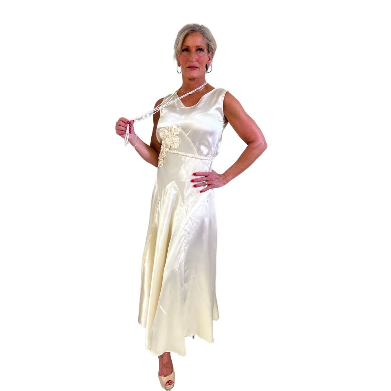 VTg 1930s Bias-Cut Wedding Gown Ivory Satin Small