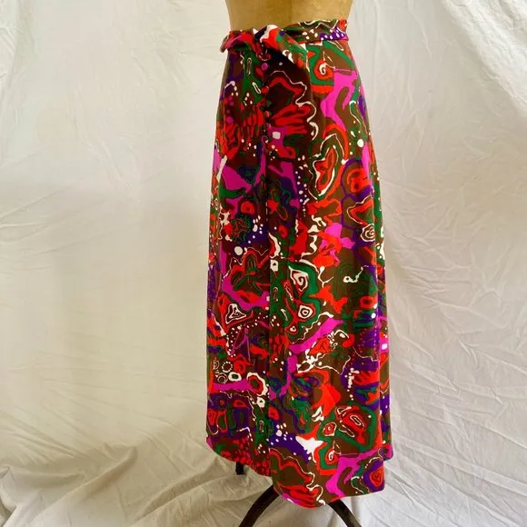 vtg 60s 70s Mod Psychedelic Button Front Maxi Skirt High Slit Hippie 9/10 EUC