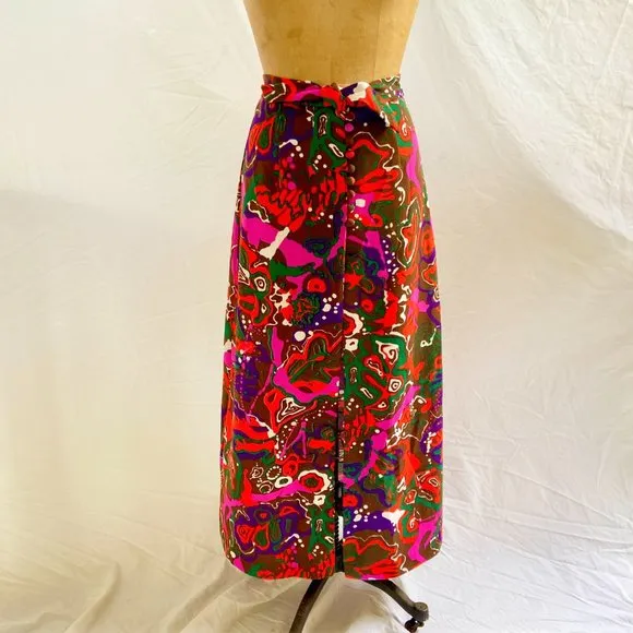 vtg 60s 70s Mod Psychedelic Button Front Maxi Skirt High Slit Hippie 9/10 EUC