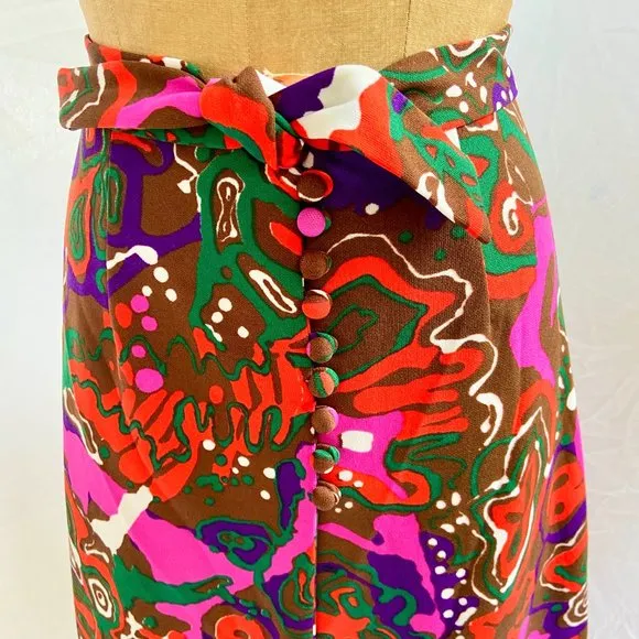 vtg 60s 70s Mod Psychedelic Button Front Maxi Skirt High Slit Hippie 9/10 EUC