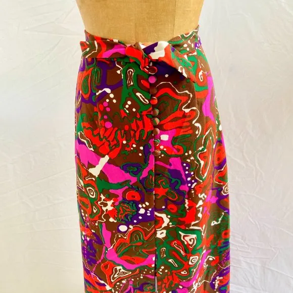 vtg 60s 70s Mod Psychedelic Button Front Maxi Skirt High Slit Hippie 9/10 EUC