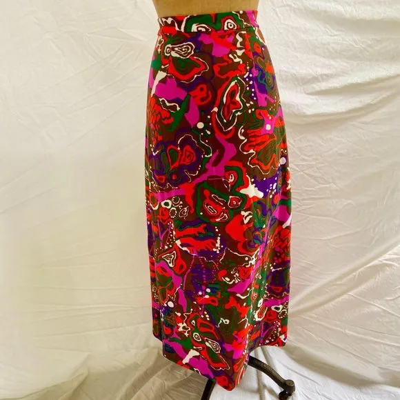 vtg 60s 70s Mod Psychedelic Button Front Maxi Skirt High Slit Hippie 9/10 EUC