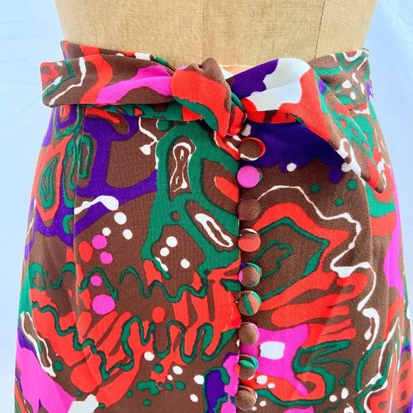 vtg 60s 70s Mod Psychedelic Button Front Maxi Skirt High Slit Hippie 9/10 EUC