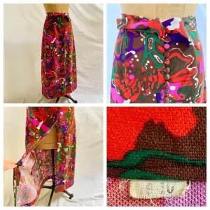 vtg 60s 70s Mod Psychedelic Button Front Maxi Skirt High Slit Hippie 9/10 EUC