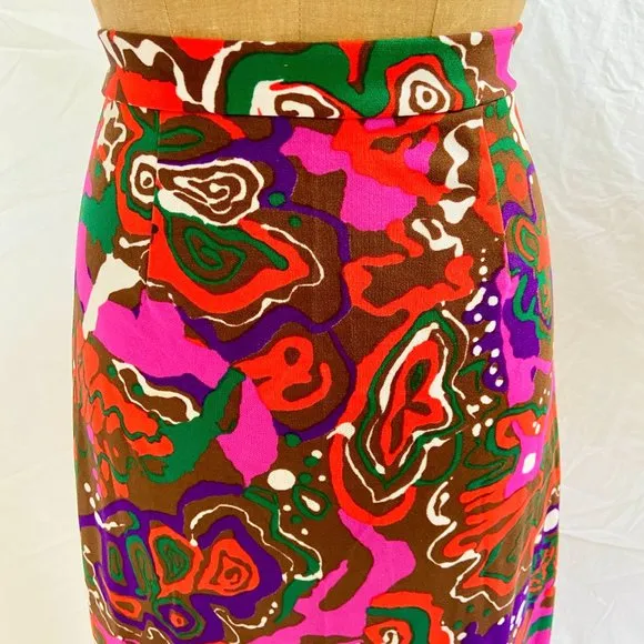 vtg 60s 70s Mod Psychedelic Button Front Maxi Skirt High Slit Hippie 9/10 EUC