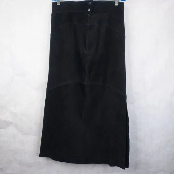 West Bay Suede Maxi Skirt Size 8 Saks Fifth Avenue Black Leather High Waist VTG