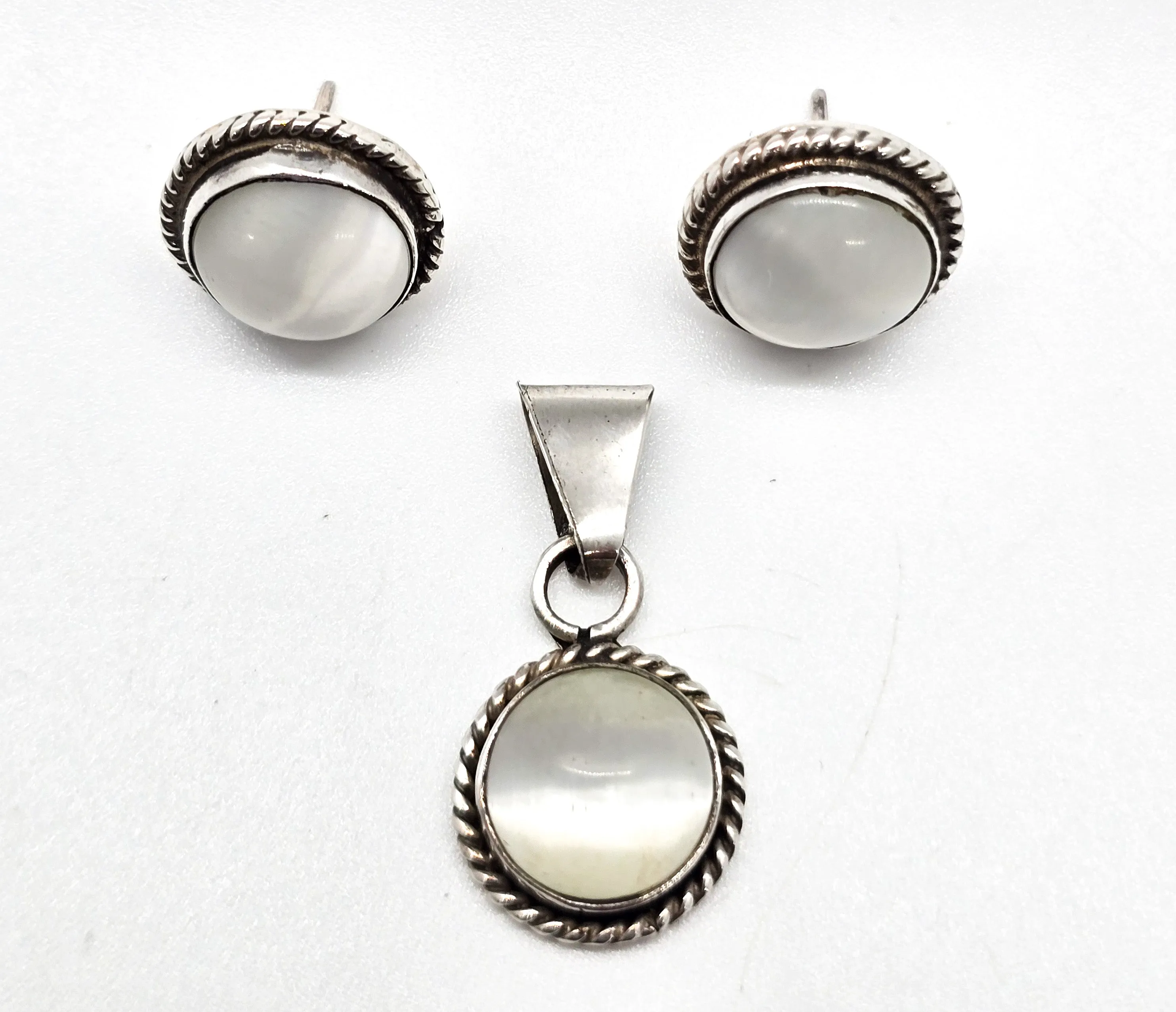 White Mother of Pearl MOP matching sterling silver earrings and pendant set