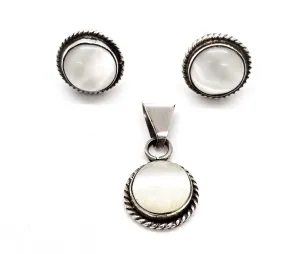 White Mother of Pearl MOP matching sterling silver earrings and pendant set