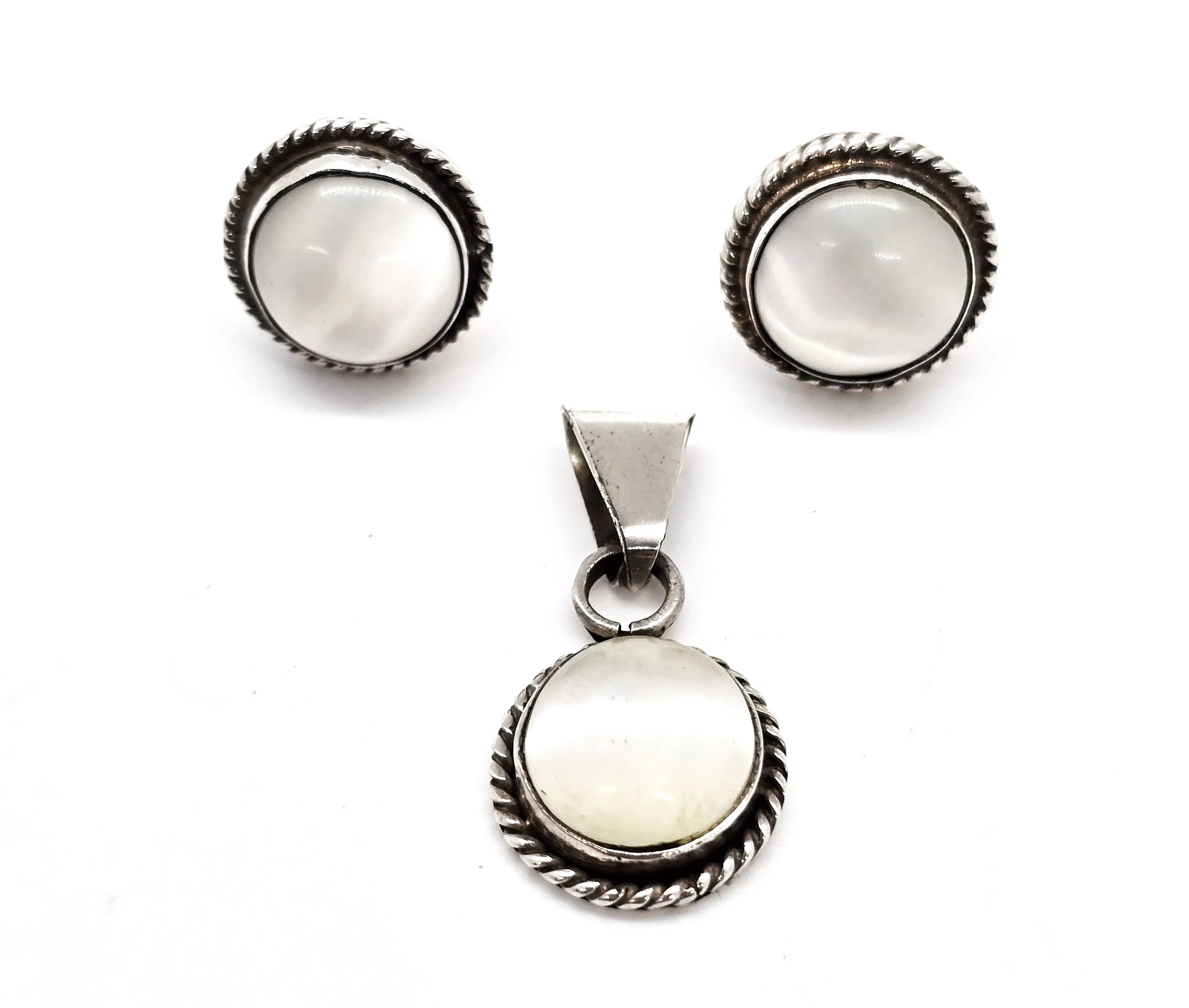 White Mother of Pearl MOP matching sterling silver earrings and pendant set