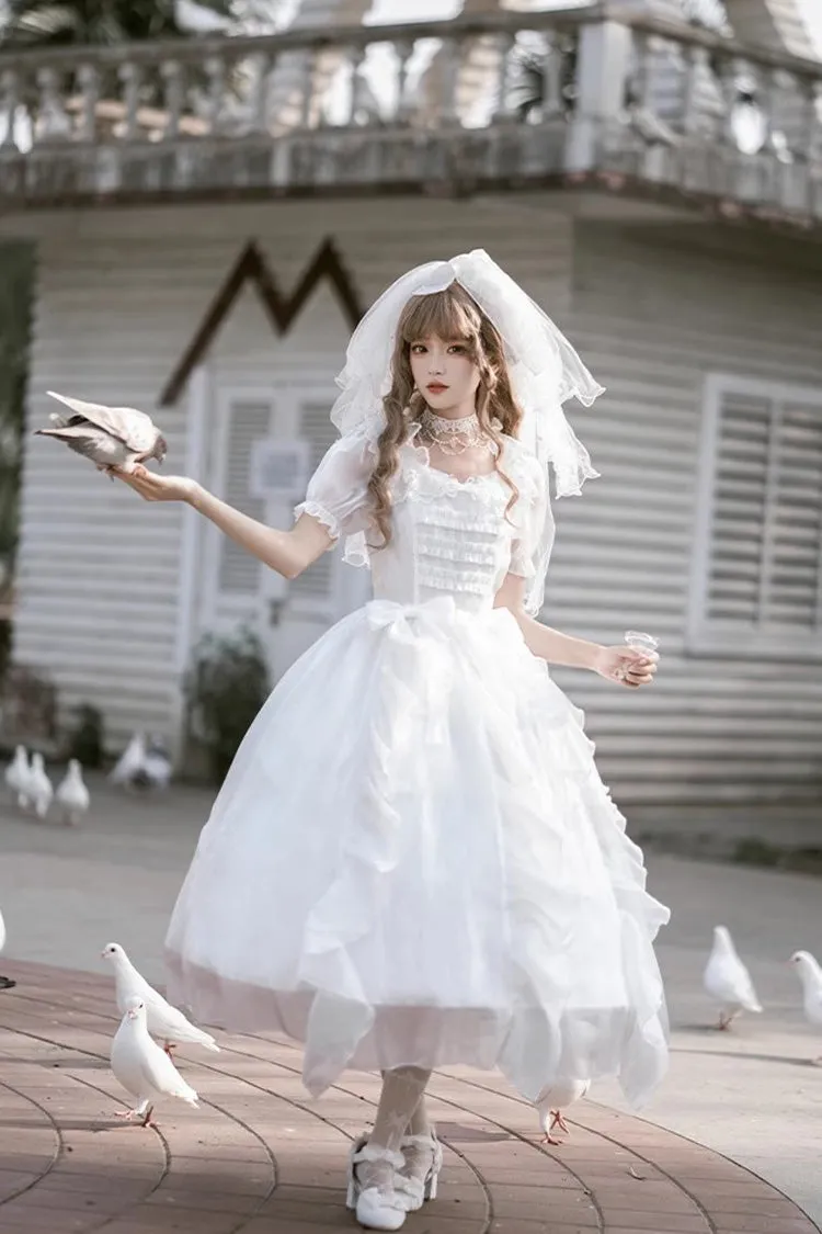 White Ode to Floating Lights Fantasy Fairy Short Sleeves Ruffle Sweet Elegant Lolita Dress