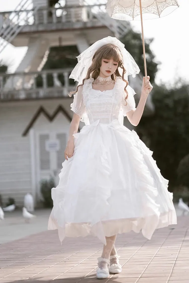 White Ode to Floating Lights Fantasy Fairy Short Sleeves Ruffle Sweet Elegant Lolita Dress