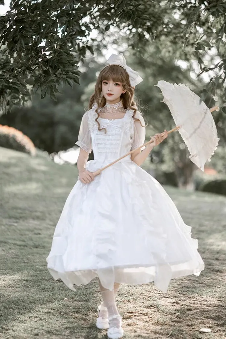 White Ode to Floating Lights Fantasy Fairy Short Sleeves Ruffle Sweet Elegant Lolita Dress