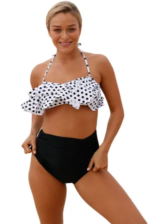 White Polka Dot Black Retro Boho Flounce High Waist Swimsuit