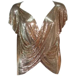 WHITING & DAVIS Gold Mesh Draped Sleeves Size Small